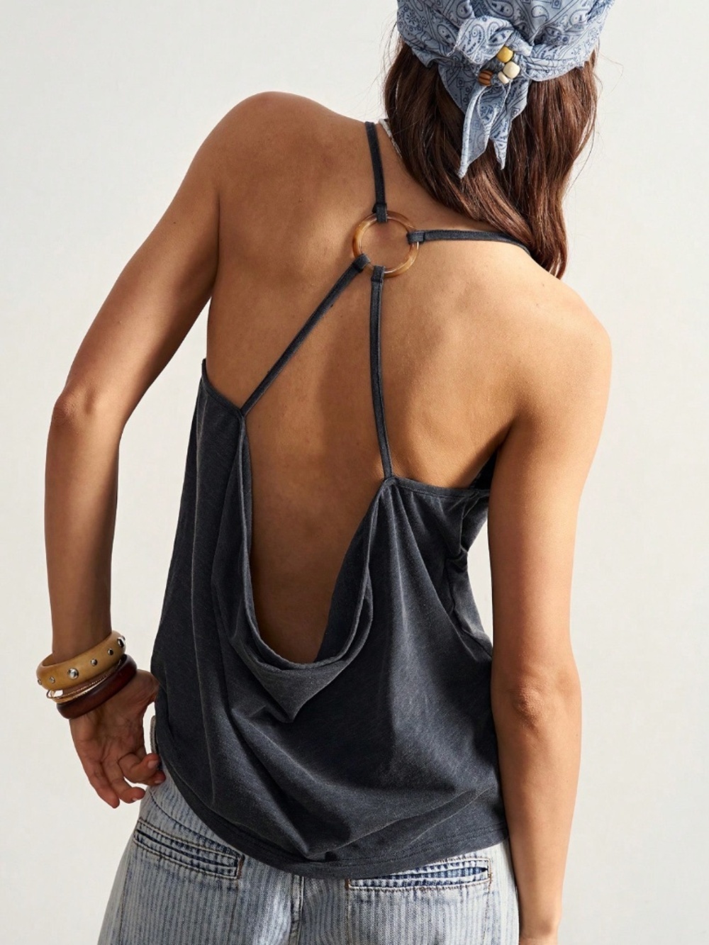 Cotton Blend Grey Draped Open Back Cami Top Ring Detail